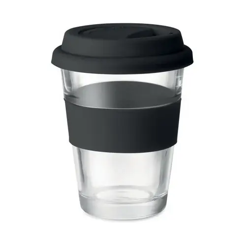 Vaso de cristal con tapa y faja antideslizante ref MO9992 - Negro