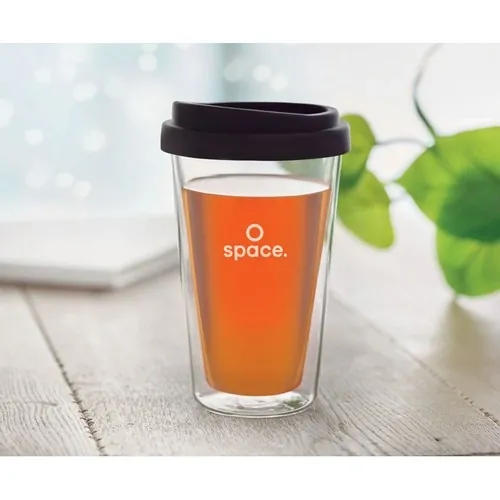 Vaso de cristal borosilicato doble pared con tapa ref MO9927 - Printed Negro