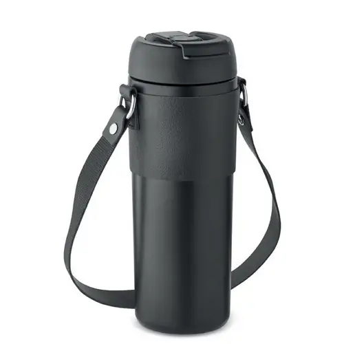 Vaso de acero inoxidable anti fugas con tapa 2 en 1 ref MO6971 - Negro