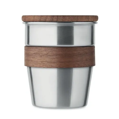 Vaso de acero inoxidable reciclado con tapa de nogal ref MO2322 - Top Plata Mate