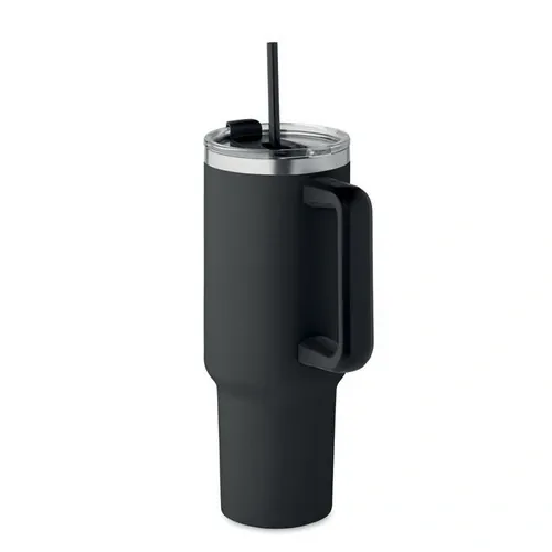 Vaso de acero inoxidable reciclado con tapa y pajita ref MO2327 - Open Negro