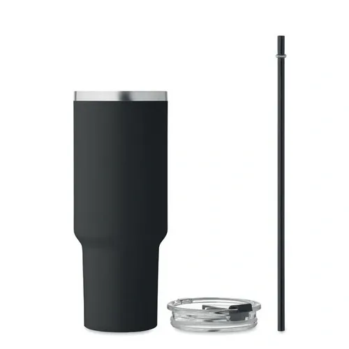 Vaso de acero inoxidable reciclado con tapa y pajita ref MO2327 - Top Negro