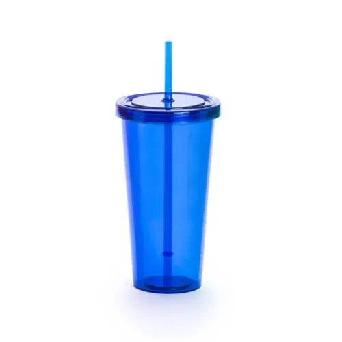 Vaso PS transparente de 750ml con tapa y pajita ref 4874 - Azul
