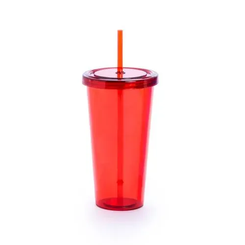 Vaso PS transparente de 750ml con tapa y pajita ref 4874 - Rojo