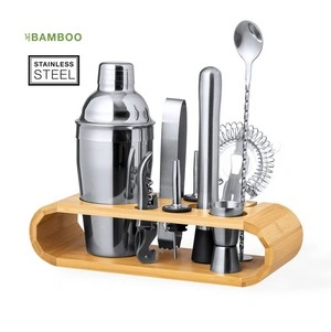 Set de cóctel en acero inox con base de bambú