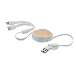 Cable de carga retráctil multiusb con detalle de bambú