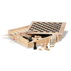 Caja de madera con 4 juegos dominó ajedrez damas