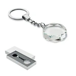 Llavero redondo de cristal para premios en caja de regalo
