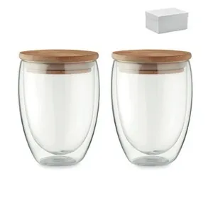 Vasos de vidrio doble pared con tapa de bambú