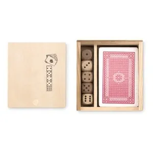Set de juegos en caja de madera con baraja y dados