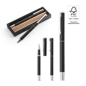Set de roller y bolígrafo de aluminio con escritura azul