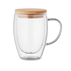 Taza de vidrio borosilicato doble pared con asa y bambú
