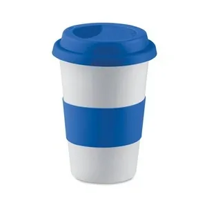 Taza de cerámica con tapa y franja de silicona