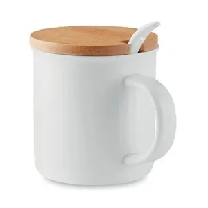 Taza de porcelana con tapa de bambú apta para lavavajillas
