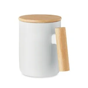 Taza de porcelana con tapa y asa de bambú
