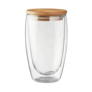 Vaso de cristal borosilicato doble capa tapa bambú