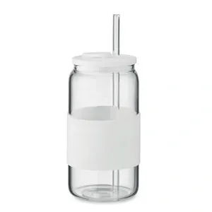 Vaso alto de vidrio borosilicato con tapa y pajita