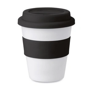 Vaso blanco brillante con tapa y faja antideslizante